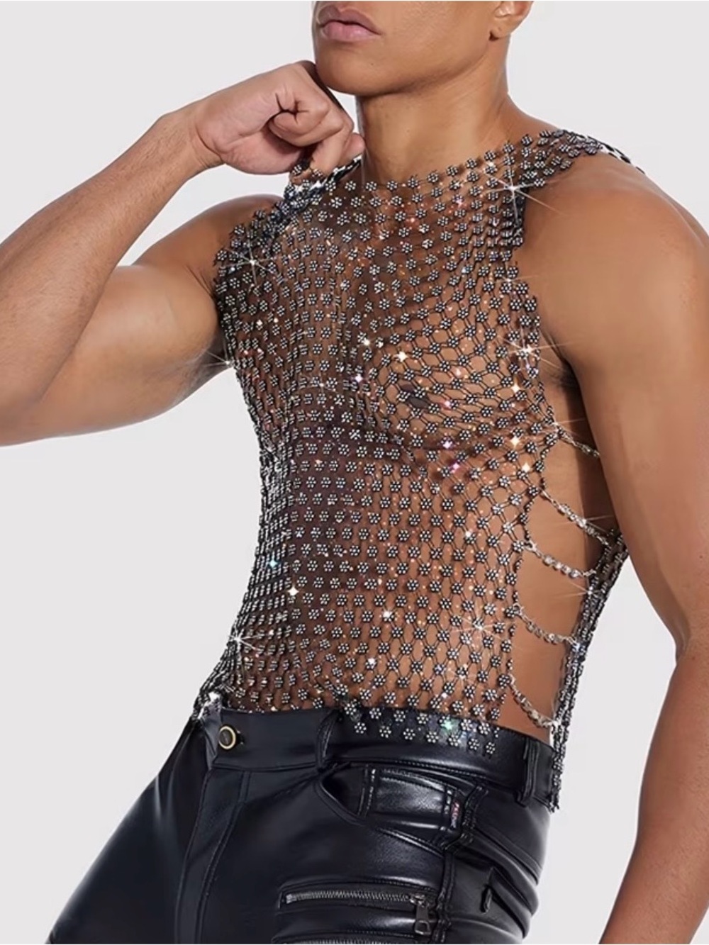 Men's Silver Mesh Rhinestone Sleeveless Top | L